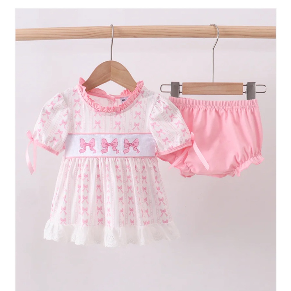 PINK BOW SMOCKED RUFFLE LACE DRESS WITH BLOOMER SET EMBROIDERED GIRLS SIZE 3T